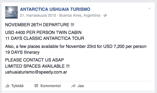 Etelämantereen risteily Facebookissa